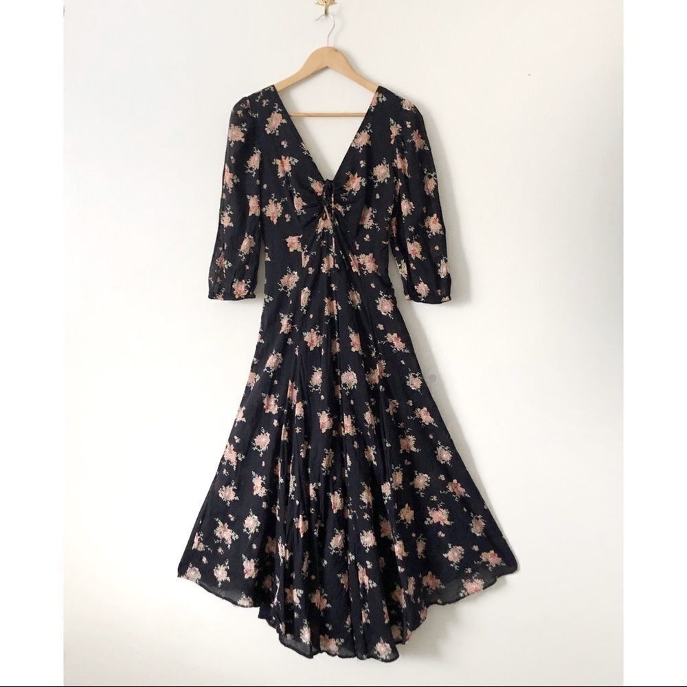 Cottagecore Free People Sea Glass midi dress in black combo size 8 summer dress